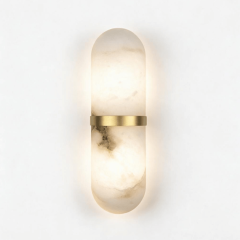 Valle Brass/ Alabaster Stone Wall Light - turned on