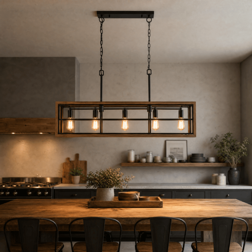 Banquet1 5 Light Rec Medium Oak Wood Pendant Light - side - lifestyle