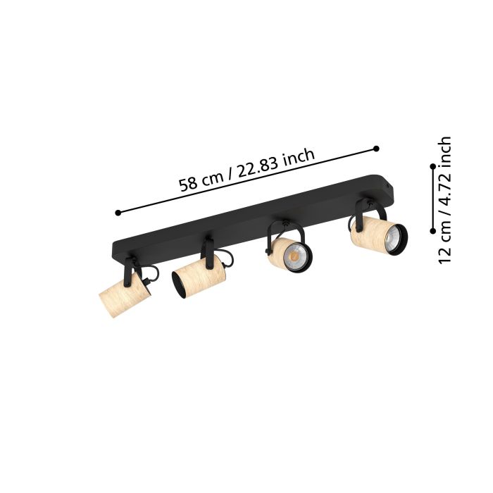 Eglo Lighting Cayuca Black / Light Wood Spotlights - 4 Light Spot 900438N - Dimensions