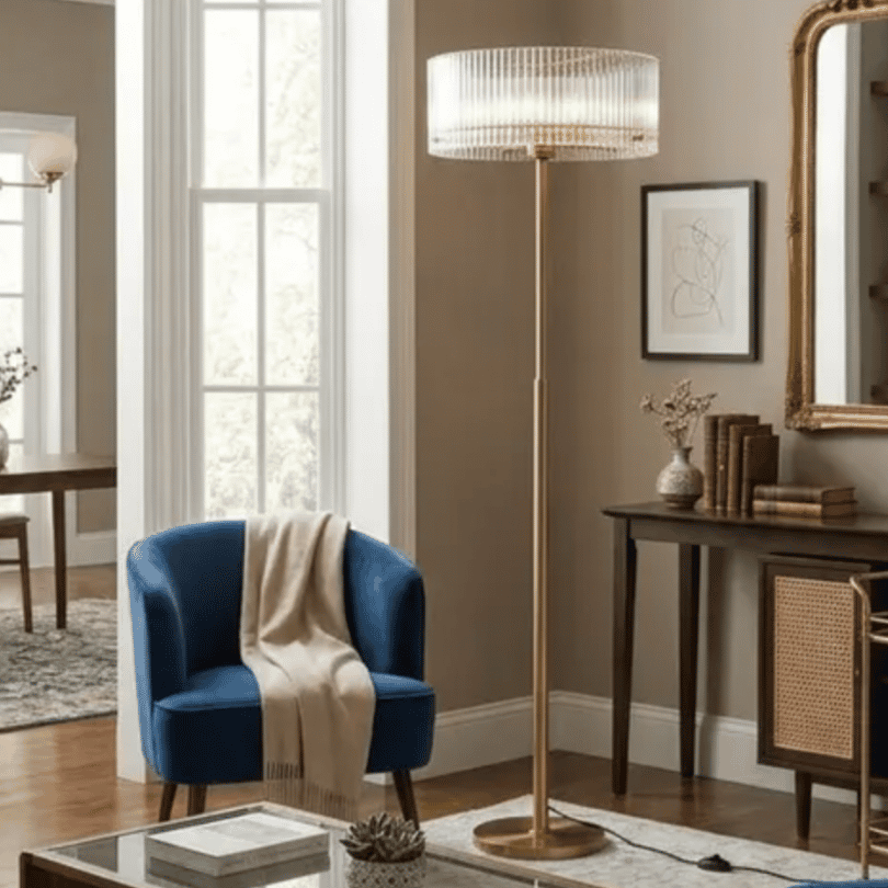 Medici 400mm Round Glass Floor Lamp - Gold- E27 - lifestyle