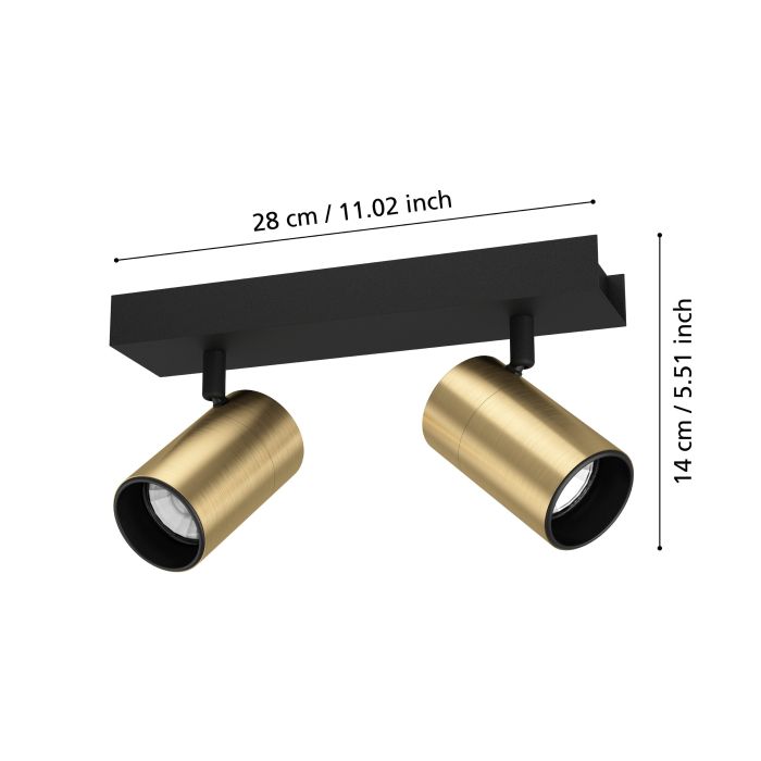 Eglo Lighting Cumaribo Black & Brass 2 Light Spotlight - Dimensions