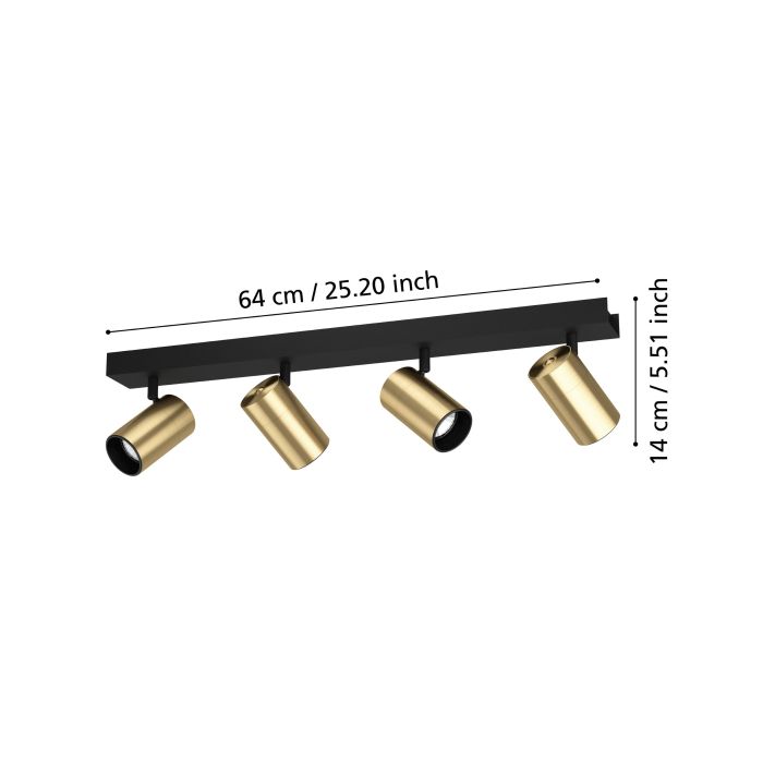 Eglo Lighting Cumaribo Black & Brass 4 Light Spotlight - Dimensions