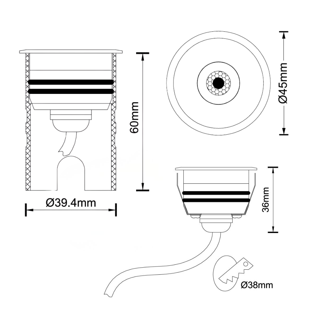Stoop Deck Light  12v 1.5w 3k IP67 - AE4126SS-NL - Narrow Beam - dimensions