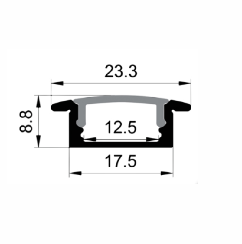 EXT-001 Recessed Aluminium Extrusion - Matt Black with Frosted Diffuser - dimensions