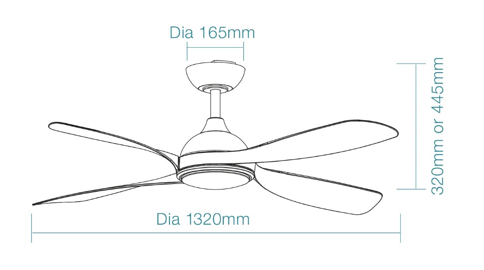 Hampton DC 52in Matt  - with light - dimensions