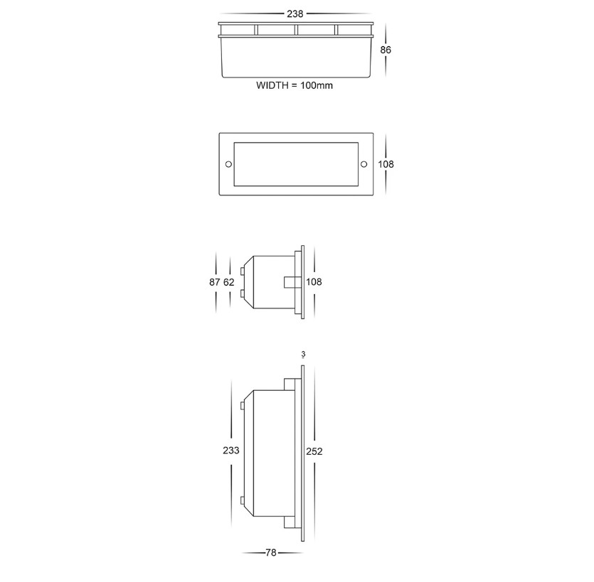 HV3003T Plain Faced Black Brick Light - dimensions