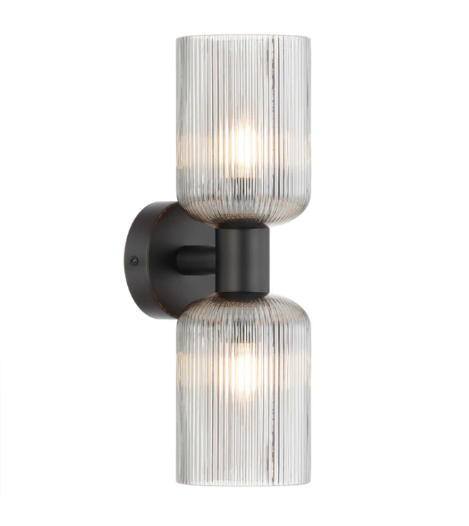 Telbix Riven Up Down Black Smoke Glass Wall Light 