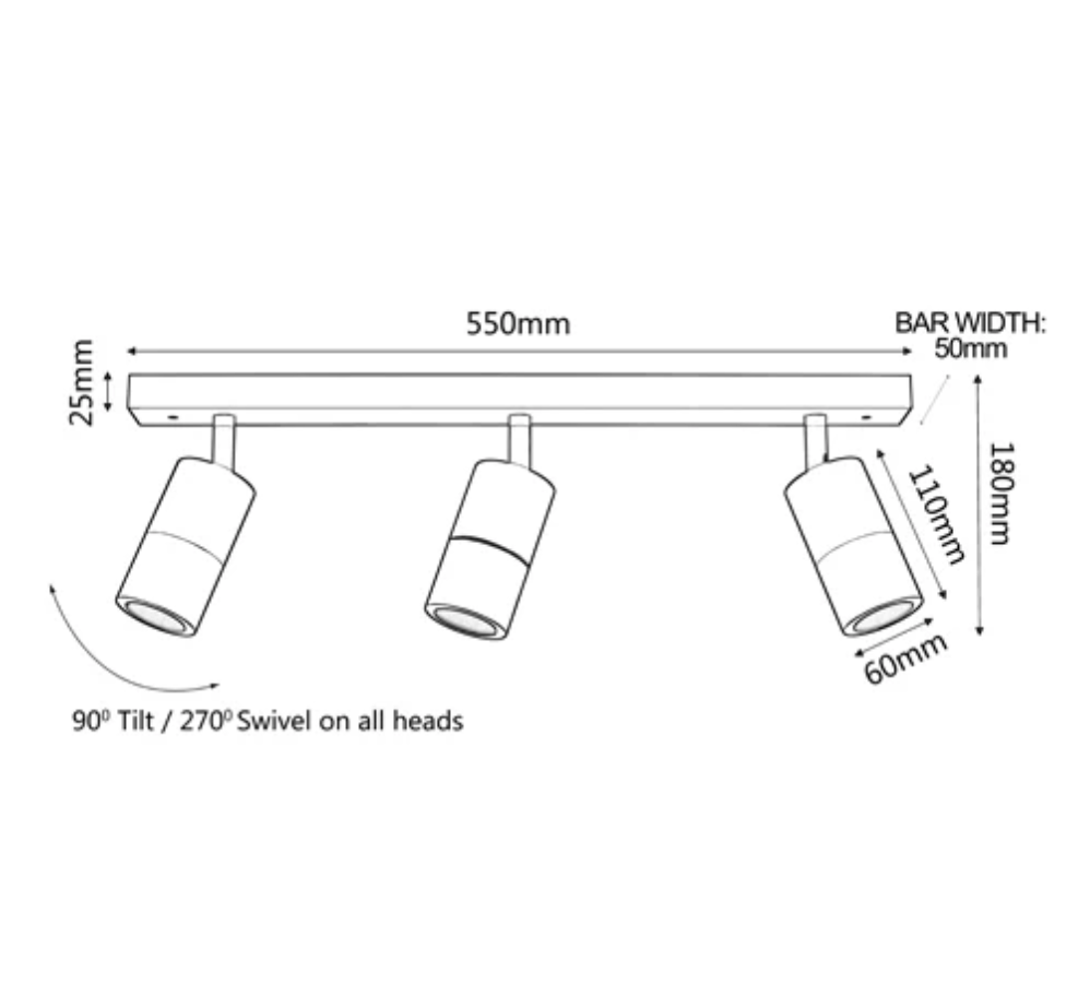 PG3BAR- GU10 Titanium 3LT Adjustable Bar IP44 - dimensions
