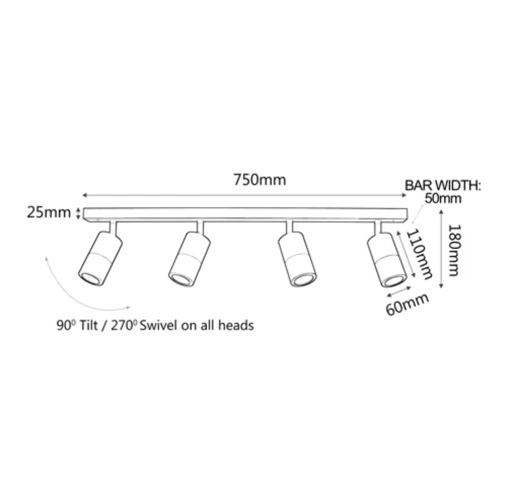 PG4BART-GU10 Titanium 4LT Rail Light IP44 - dimensions