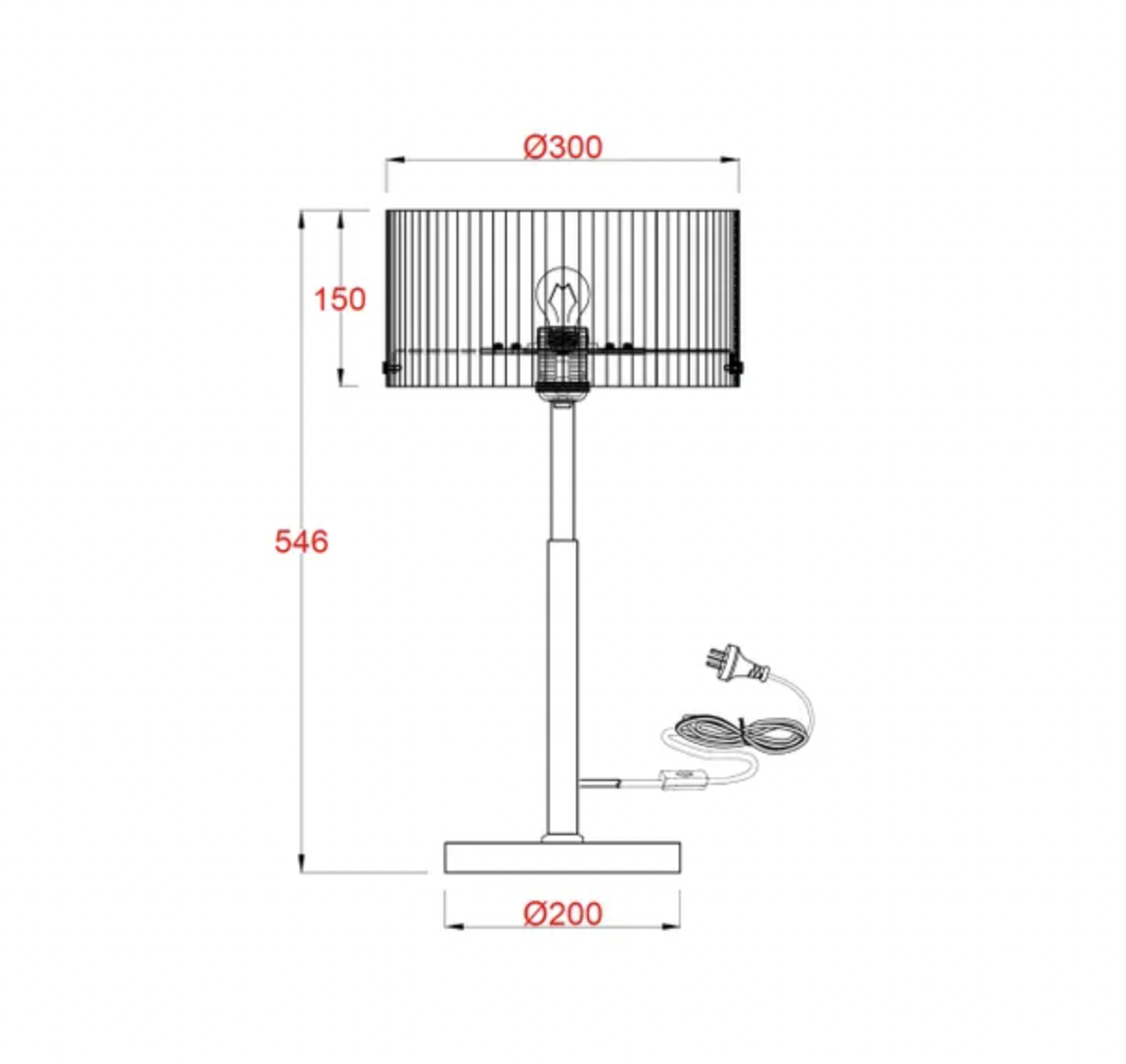 Medici 300mm Round Glass Table Lamp - Gold - E27 - dimensions