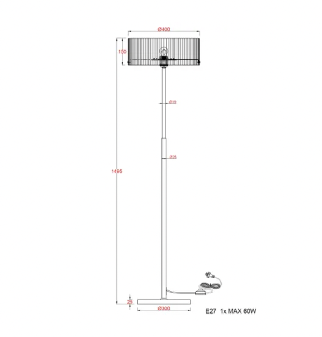 Medici 400mm Round Glass Floor Lamp - Gold- E27 - dimensions