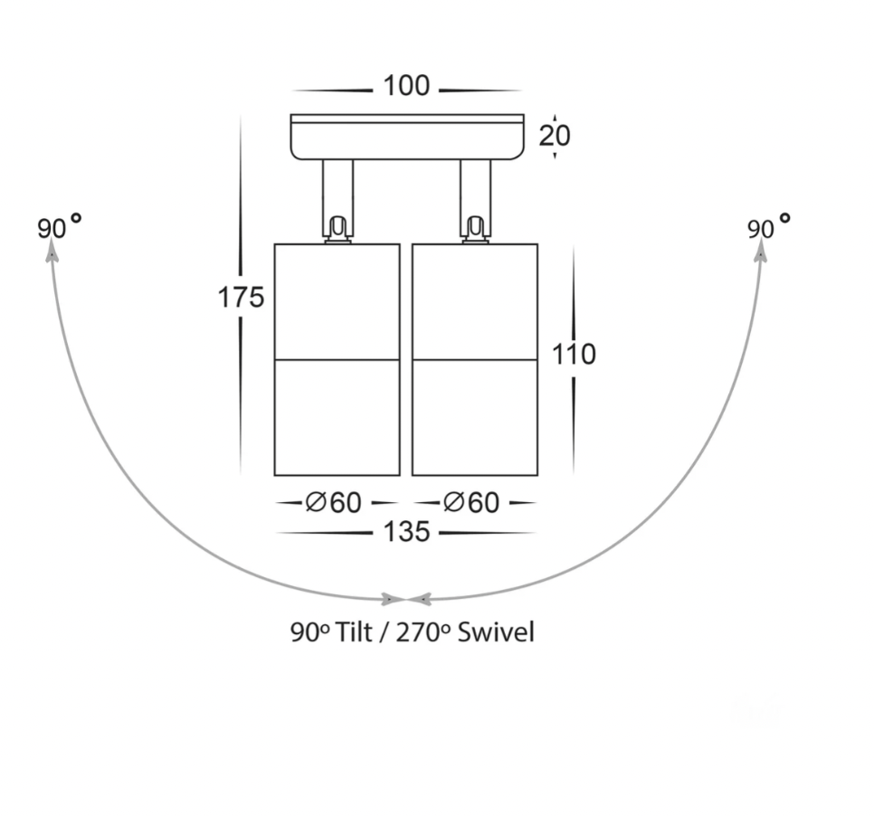 HV1387GU10T-Tit Tivah Twin Adjustable Spots Ext Light - dimensions